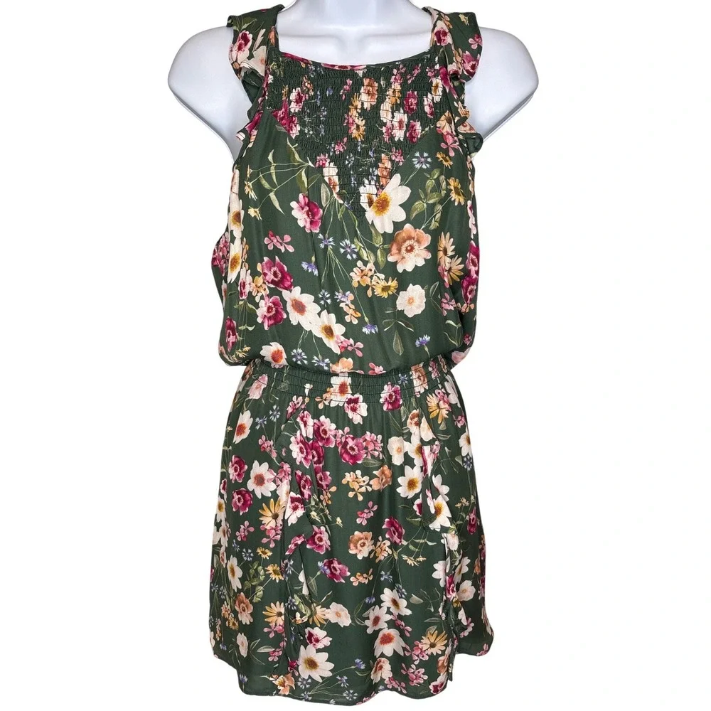 Parker Green Floral Silk Blend Smocked Ruffle Romper Sz S Garden-Party Boho-Chic
